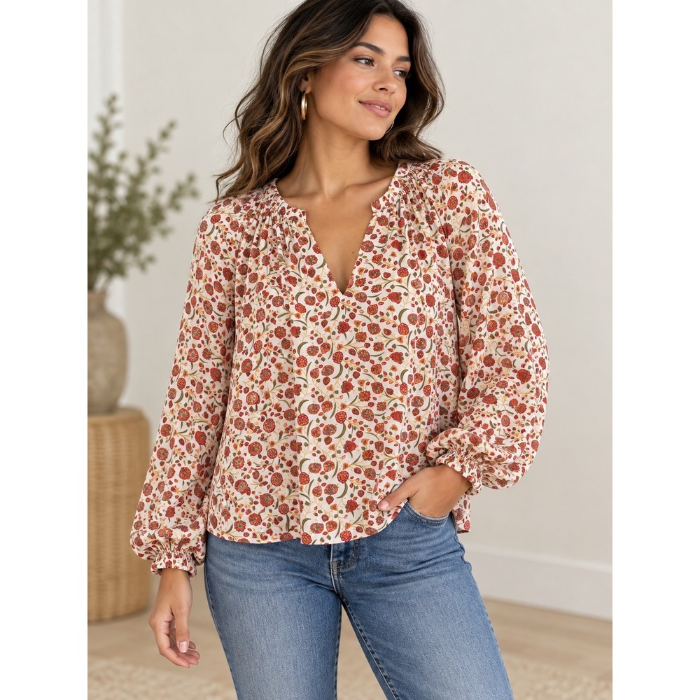 Old Navy Blouse Women XL White Red Floral Cotton Blend Boho Balloon Sleeve Top